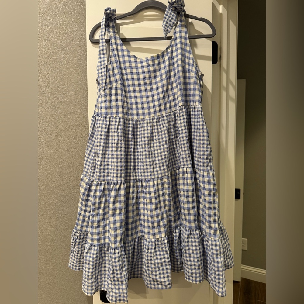 Blue & White Gingham Tiered Sundress with Tie Straps